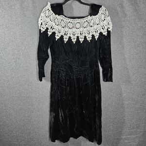 Vtg 80s 90s All Week Long Velvet Dress Lace Collar Black Size 8P Made in USA‎